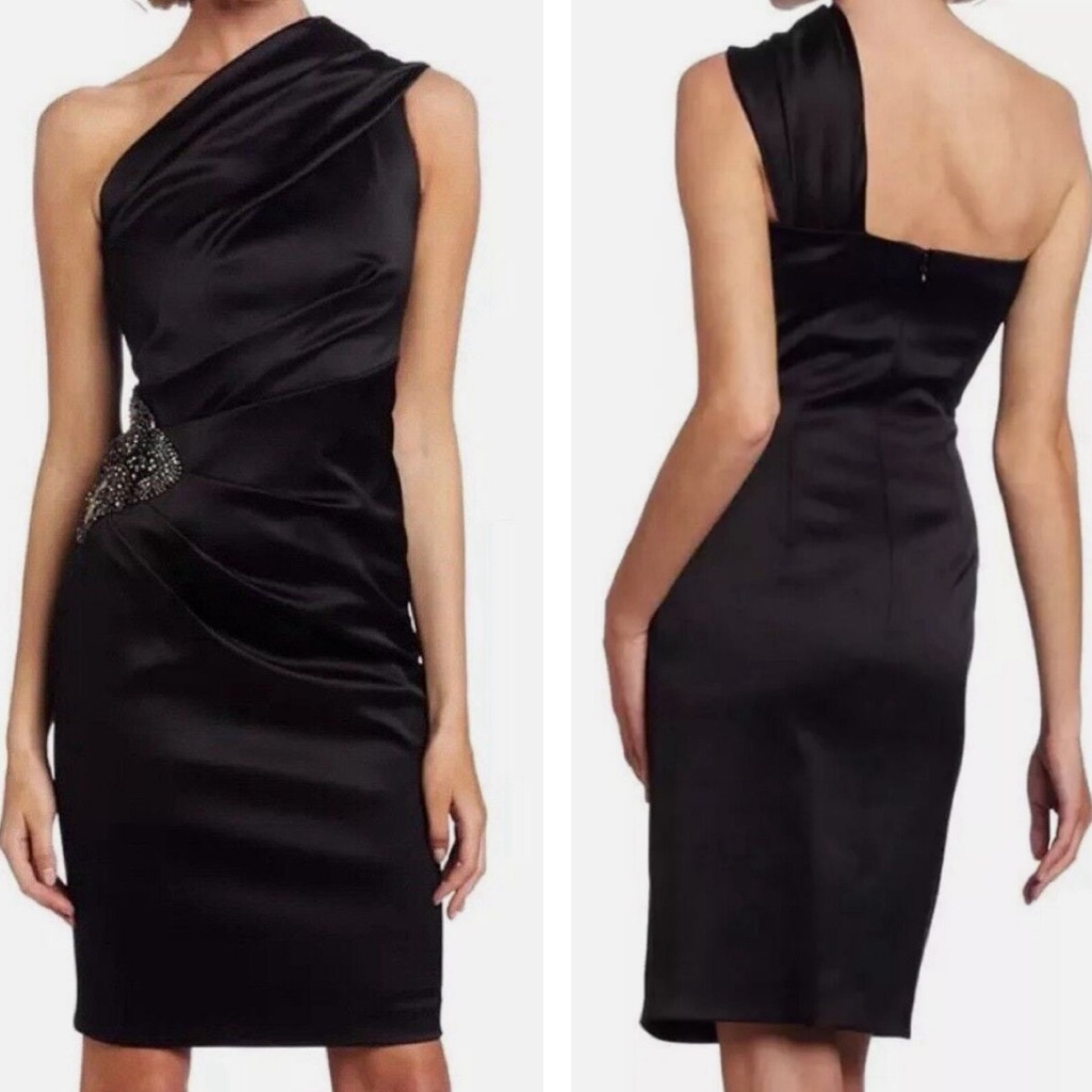 Eliza J One Shoulder Embellished Satin Cocktail Dress In Black